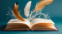 Open book with floating feather quills and magical water splash effect against teal background, symbolizing creative writing and storytelling inspiration for literature concepts.