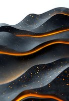 Abstract wavy layers in dark gray with glowing orange light between curves and scattered luminous particles create dramatic depth and movement. For modern wall art.