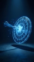 Digital wireframe dartboard with glowing arrow hitting bullseye center on dark blue background with light particles for business targeting concepts.