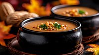 Creamy pumpkin soup garnished with roasted chickpeas and fresh herbs served in black ceramic bowl against dark background with autumn maple leaves.