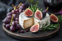 Soft cheese wheel garnished with fresh figs, purple grapes and rosemary sprigs on rustic wooden board against dark background, gourmet food styling.