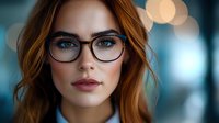 Professional young Caucasian businesswoman with glasses and wavy auburn hair in modern office environment with bokeh lighting effects for corporate branding.
