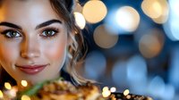 Young woman with warm smile against blurred bokeh lights background, creating intimate atmosphere for restaurant or holiday dining experience.