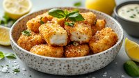Crispy breaded fish bites garnished with fresh herbs and lemon in ceramic bowl, served with creamy dipping sauce on gray stone background. Fresh citrus slices.