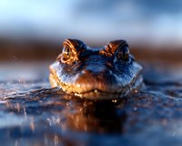 Close-up view of alligator head emerging from dark water with eyes above surface, dramatic lighting creates golden reflections and water droplets for nature photography.