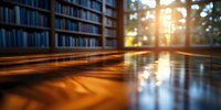 Sunlight streaming through window creates dramatic shadows on polished wooden floor, with blurred bookshelf background creating cozy library atmosphere at golden hour.