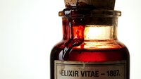 Vintage apothecary bottle with dark red liquid and aged cork stopper, labeled elixir vitae 1887, isolated on white background for design, packaging, and historical medical illustration projects.