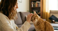 Young woman in cozy sweater gently petting orange tabby cat at home. Warm domestic scene showing human-animal bond in comfortable living room setting.