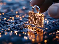Glowing padlock symbol on circuit board with bokeh lights represents digital security and data protection in modern technology environment.