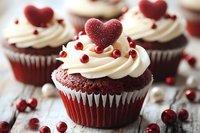 Red velvet cupcakes with cream cheese frosting topped with sugar hearts and cranberries for Valentine's Day celebration and romantic dessert occasions.