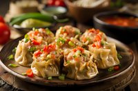 Steamed Asian dumplings garnished with diced red peppers, green onions and sesame seeds served on rustic plate with spicy sauce and fresh vegetables.