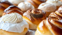 Fresh baked sweet buns with vanilla cream filling and chocolate swirls arranged in rows, showing variety of pastry toppings and glazed surfaces.