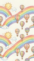 Seamless pattern with colorful hot air balloons floating among rainbows, smiling suns and fluffy clouds on cream background for nursery decor.
