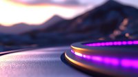 Futuristic curved surface with glowing neon purple light strip against blurred mountain landscape at sunset, creating modern technological aesthetic for backgrounds.