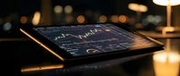 Tablet displaying stock market charts and financial data graphs on screen, placed on dark desk with bokeh city lights background.