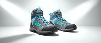 Pair of turquoise and gray hiking boots with laces displayed on white background. Suitable for outdoor gear, footwear marketing, sports equipment catalogs, and adventure lifestyle content.