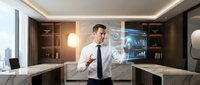 Businessman in formal attire analyzing financial data on holographic display in modern office workspace with digital charts and analytics interface.