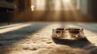 Empty glass ashtray on carpet floor with warm sunlight streaming through window, creating atmospheric morning or evening ambiance.