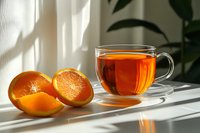 Glass cup of hot black tea with fresh cut oranges on white table in morning sunlight with natural shadows and plant silhouette on wall.