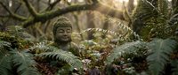 Stone Buddha statue surrounded by lush green ferns in peaceful forest setting with warm sunlight filtering through trees for meditation and zen concepts.