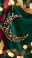 Ornate golden crescent moon ornament with intricate filigree patterns hanging among burgundy and gold ribbons against bokeh lights for holiday decoration.