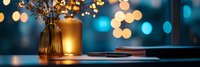 Cozy evening atmosphere with glowing candle, glass vase with dried flowers and book on table against blurred bokeh lights background in turquoise and gold tones.