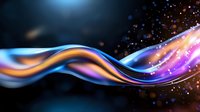 Glowing colorful wave with orange, blue and purple light trails on dark background, sparkles and particles creating dynamic motion effect. For abstract backgrounds.