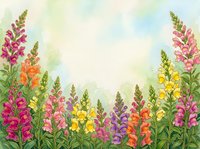 Watercolor snapdragon garden border with colorful pink, yellow, orange, and purple blooms framing a soft green sky background with copy space.