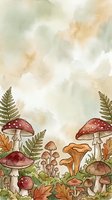 Watercolor forest floor scene with various mushrooms, ferns, and autumn leaves against soft cloudy sky background. Suitable for children's book illustrations, nature-themed designs, and woodland artwork projects.