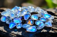 Luminous blue moonstone gems scattered on dark wooden surface with magical iridescent glow and rainbow reflections creating mystical atmosphere.