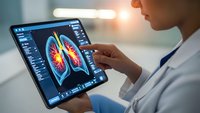 Medical professional analyzing lung scan on tablet device for respiratory health diagnosis and treatment planning in modern healthcare setting.