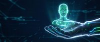 Glowing digital human figure hologram resting on open hand against dark tech background, representing artificial intelligence, innovation, and future technology concepts.