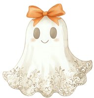 Cute ghost with orange bow and ornate lace pattern hem in watercolor style, isolated on white background for seasonal Halloween and autumn designs.