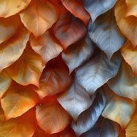 Autumn leaves in orange and silver tones create abstract pattern with dramatic light and shadow play. Natural foliage arrangement shows detailed leaf veins and textures.