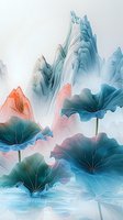 Ethereal lotus leaves in teal blue against misty mountains backdrop, featuring soft coral and pink accents. Artistic Asian-inspired nature composition creates serene atmosphere.