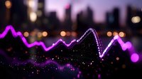 Glowing purple financial chart line against blurred city skyline at dusk, showing market volatility with neon effect and bokeh lights in dark background.