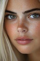 Close-up portrait of young woman with blonde hair, natural freckles, green eyes and pink lips against neutral background, showing natural beauty and flawless skin.