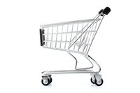 Empty metal shopping cart isolated on white background, side view. Clean minimalist retail equipment for supermarket and store design layouts.