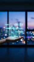 Hand holding glowing digital data analytics, financial charts and network icons above palm against city skyline window at dusk for business technology concepts.
