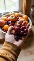Hand holding fresh red grapes with dried berries, displaying seasonal harvest abundance indoors by window with apples and oranges on plate behind.