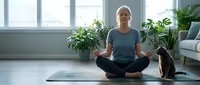 Senior woman practicing yoga meditation at home with cat companion in bright living room surrounded by green plants.
