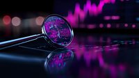 Dental mirror reflecting vibrant pink neon lights and bokeh effects on dark reflective surface, creating futuristic medical atmosphere for healthcare concepts.
