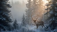 Majestic reindeer standing in snowy winter forest with golden sunlight filtering through misty pine trees creating magical woodland atmosphere.
