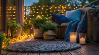 Cozy balcony setting with warm string lights, wicker furniture, blue cushions, and glowing candles on wooden deck. Woven rug and potted plants create intimate outdoor space.