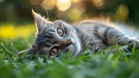 Adorable gray cat lying in green grass during golden hour, with beautiful bokeh background. Perfect for pet care, veterinary services, or animal wellness content.