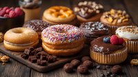 Assorted fresh donuts and pastries with chocolate, sprinkles, and berries on rustic wooden board. Sweet dessert variety with glazed, frosted treats.