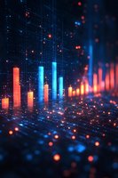 Glowing financial chart bars in orange and blue colors on digital grid background with particles and bokeh effects for business analytics visualization.