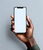 African American male hand holding modern smartphone with blank white screen mockup for app presentation and mobile technology demonstration.