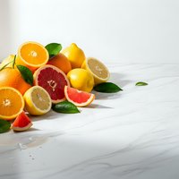 Fresh citrus fruits collection with oranges, lemons, grapefruit and limes on white marble surface with green leaves for healthy nutrition concepts.