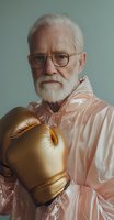 Senior man with white beard wearing glasses and pink raincoat poses with golden boxing glove against mint green background in contemporary portrait style.